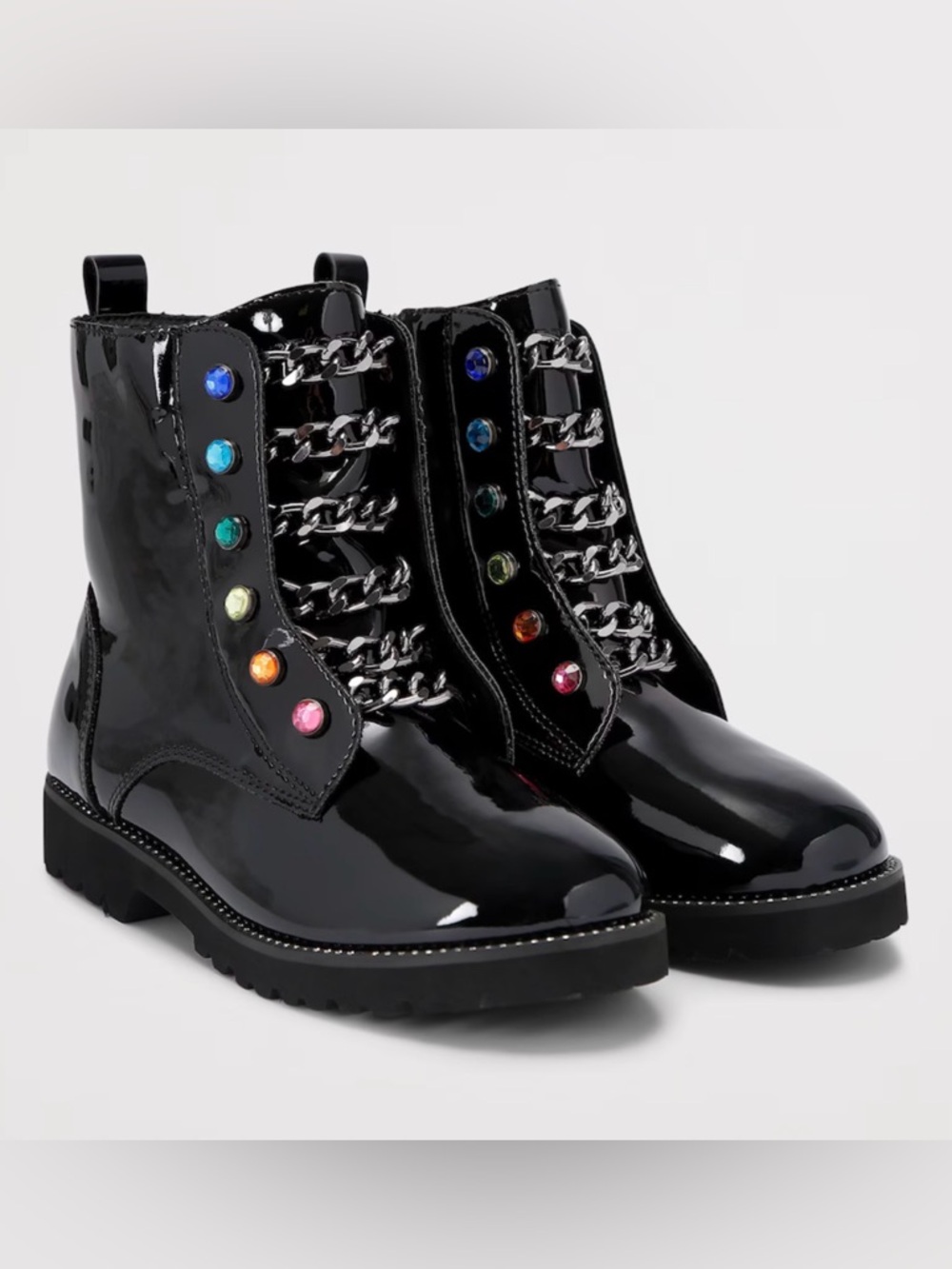 Kurt Geiger Black Patent Combat Boots with Rainbow Gem Detailing